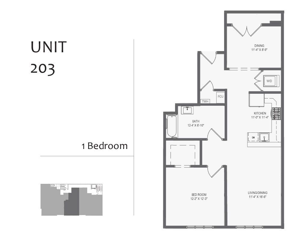 A black and white floor plan of a 1 bedroom apartment.