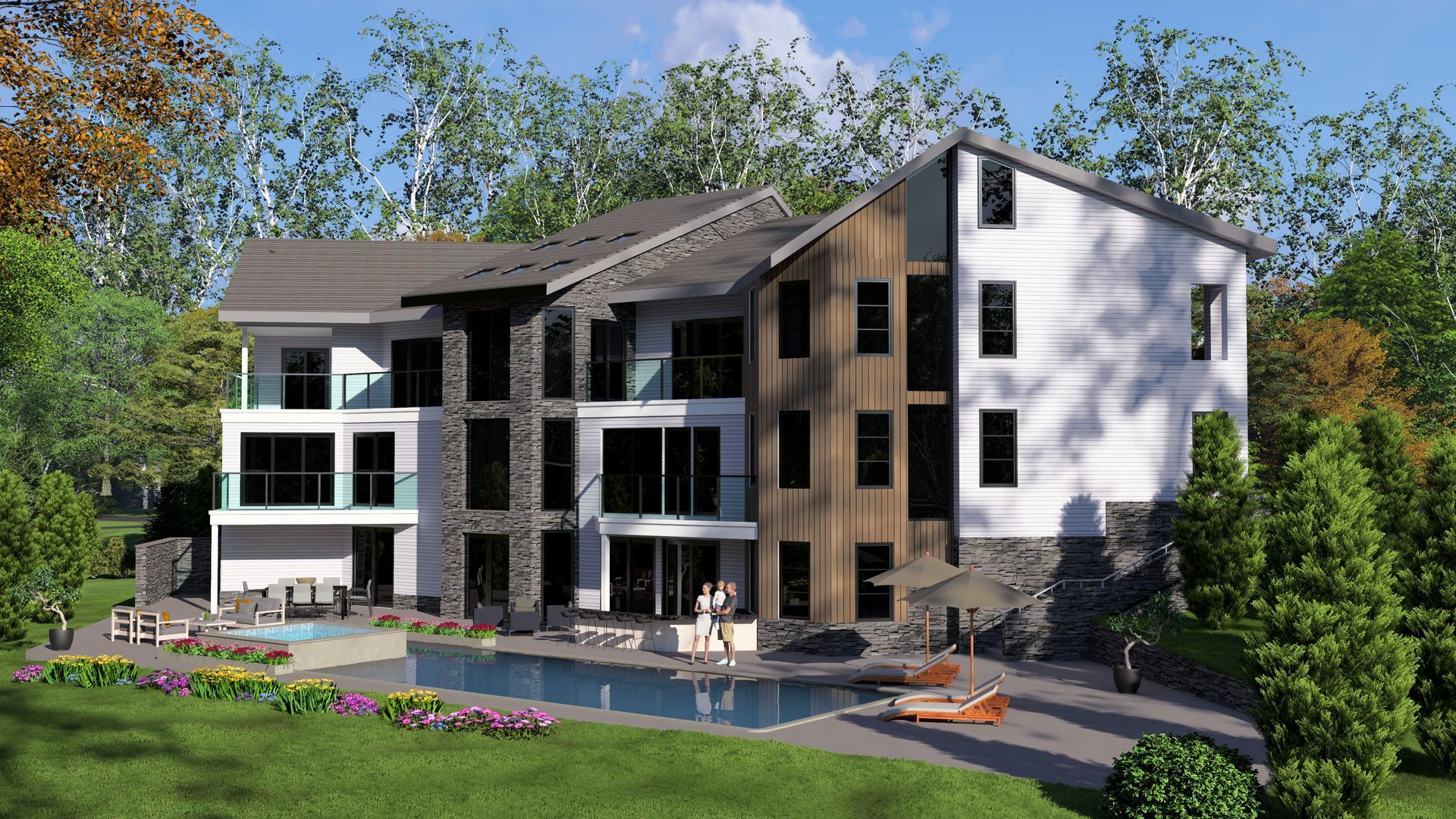 An artist 's impression of a large house with a swimming pool in the backyard.