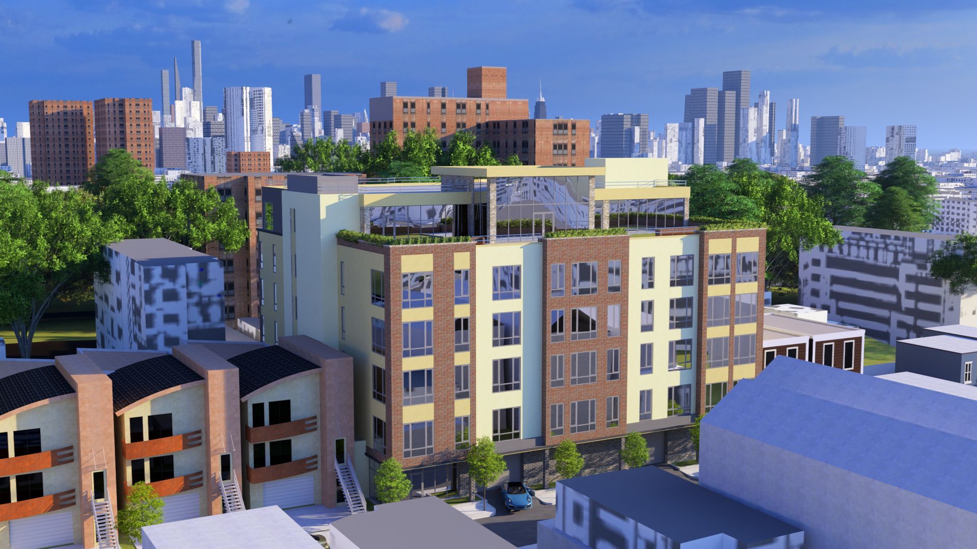 An aerial view of a city with lots of buildings and trees