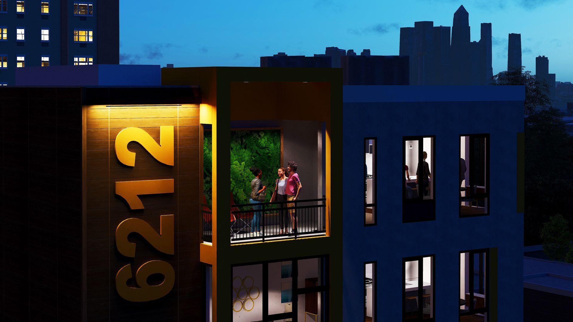 A couple standing on a balcony of a building with the number 2196 on it.