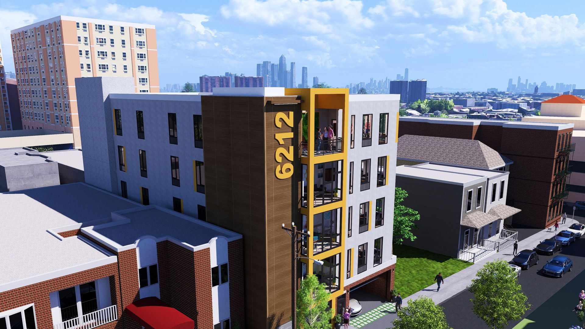 An artist 's impression of a building with the number 6212 on it