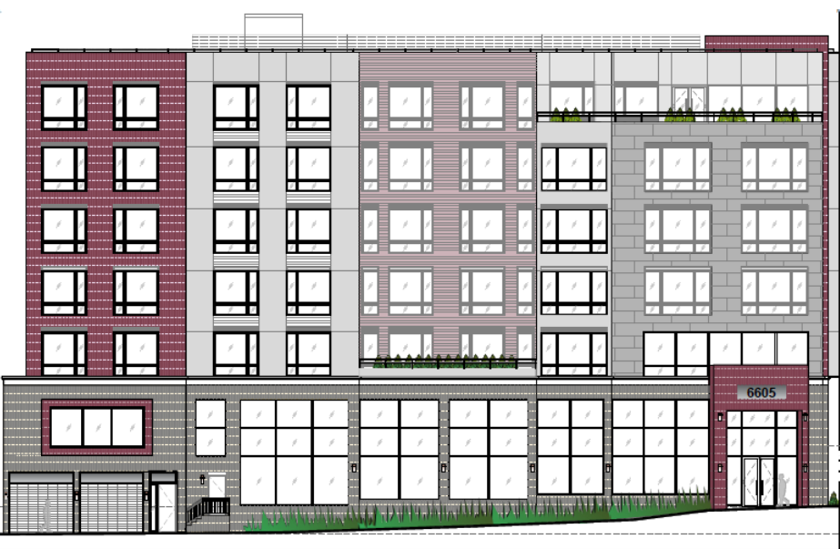 A drawing of a building with a lot of windows