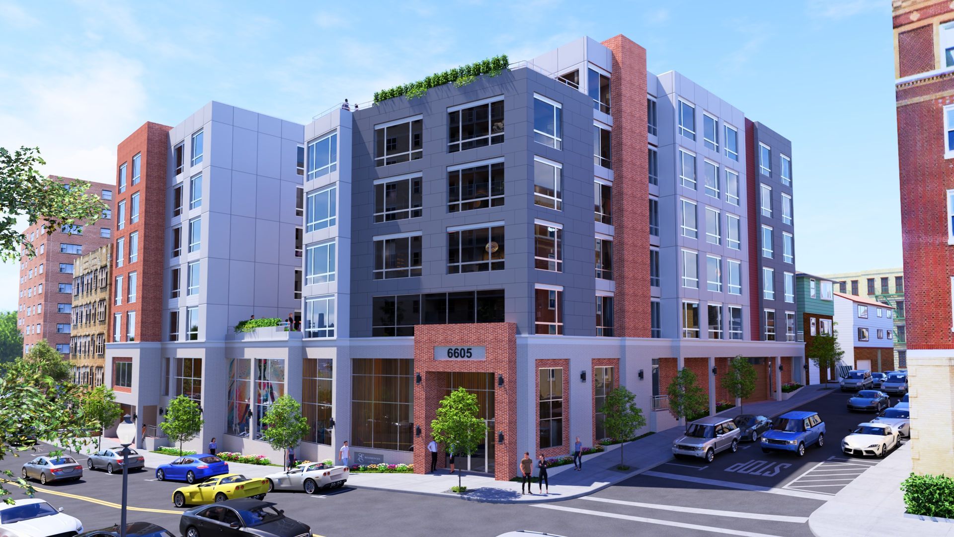 An artist 's impression of a large apartment building with cars parked in front of it.