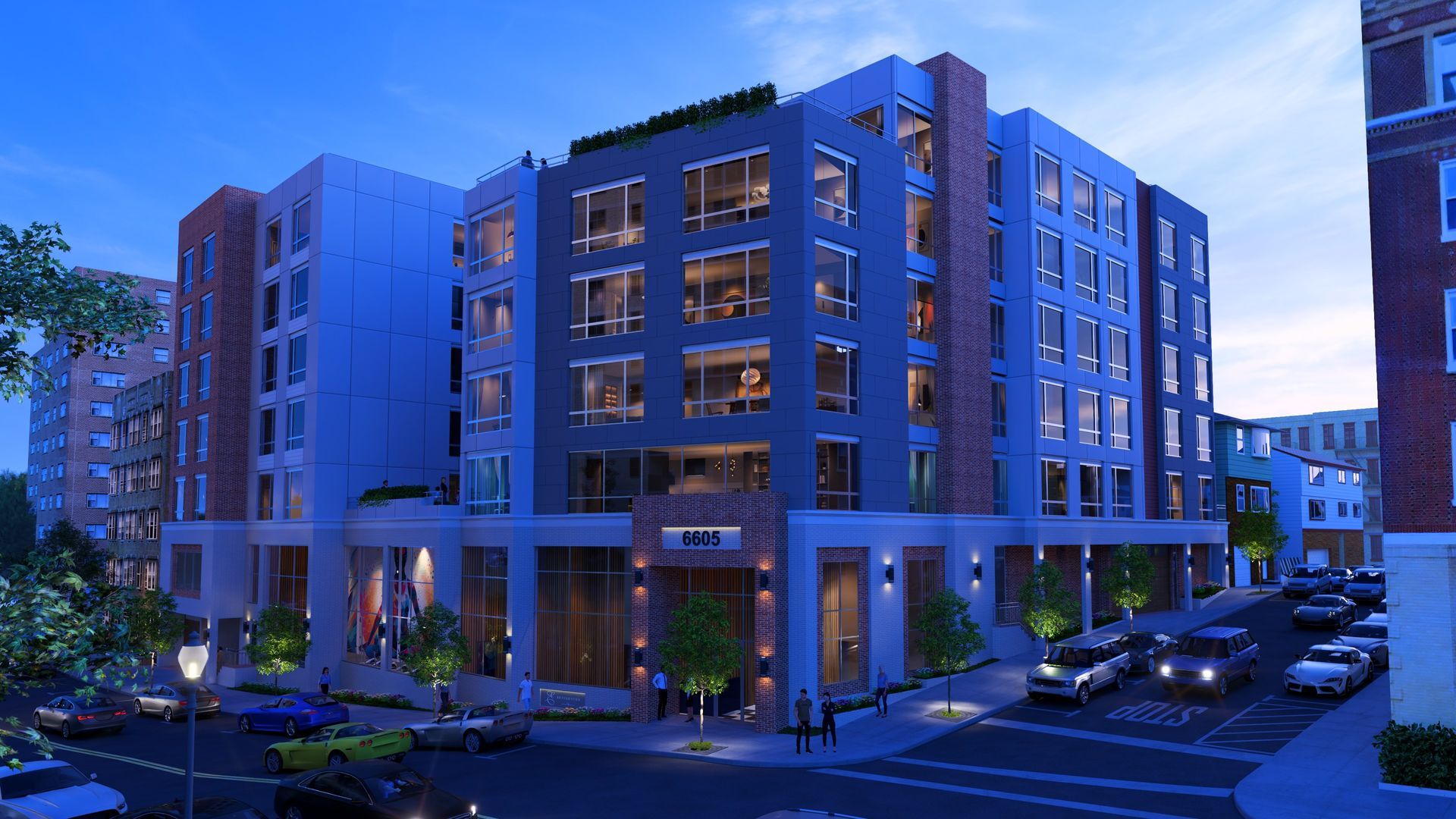 An artist 's impression of a large apartment building at night.