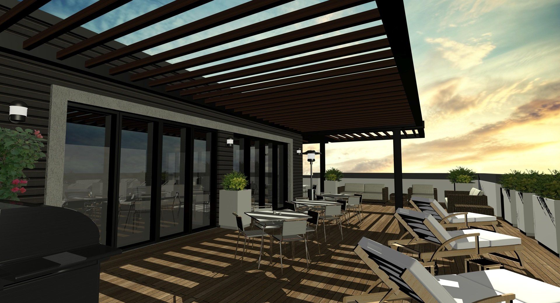 An artist 's impression of a rooftop deck with a pergola