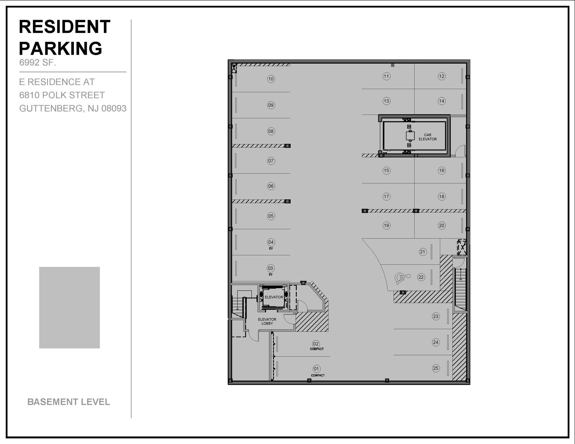 A black and white floor plan of a resident parking garage