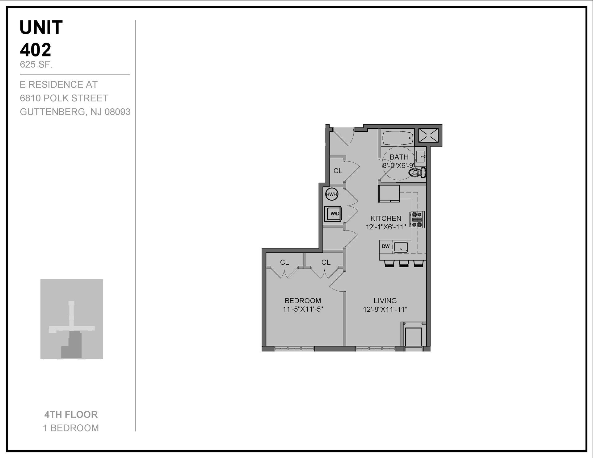 A black and white floor plan of a unit 402 apartment.