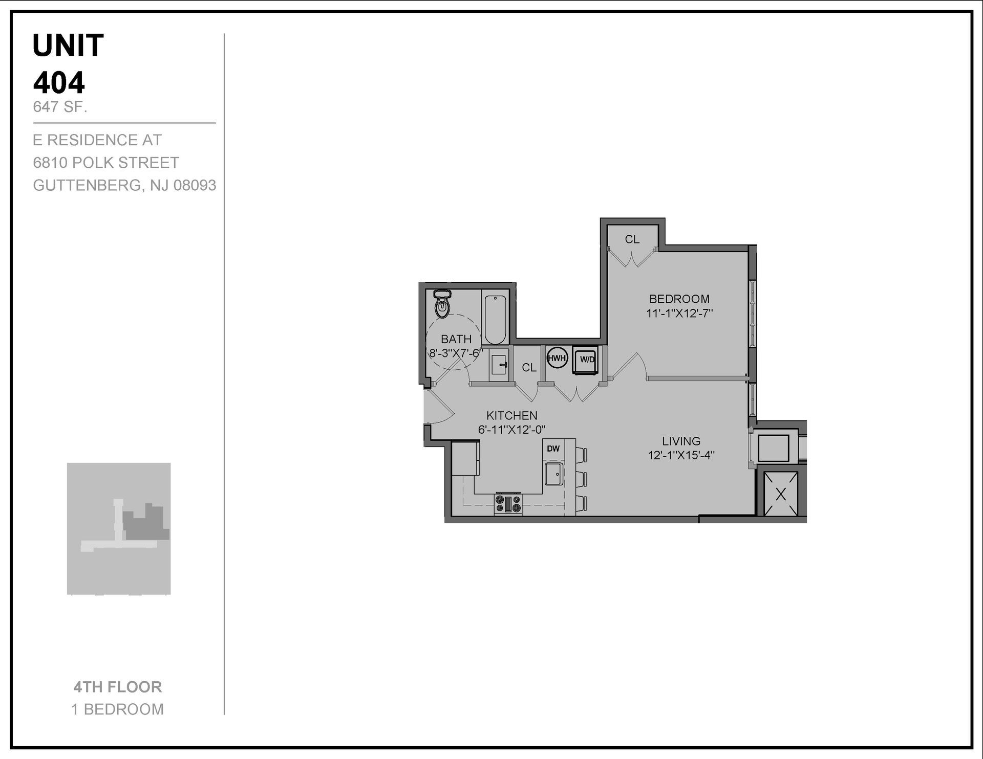 A black and white floor plan of a unit 404 apartment.