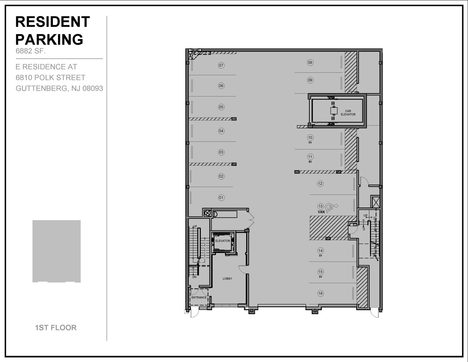 A black and white floor plan of a resident parking garage