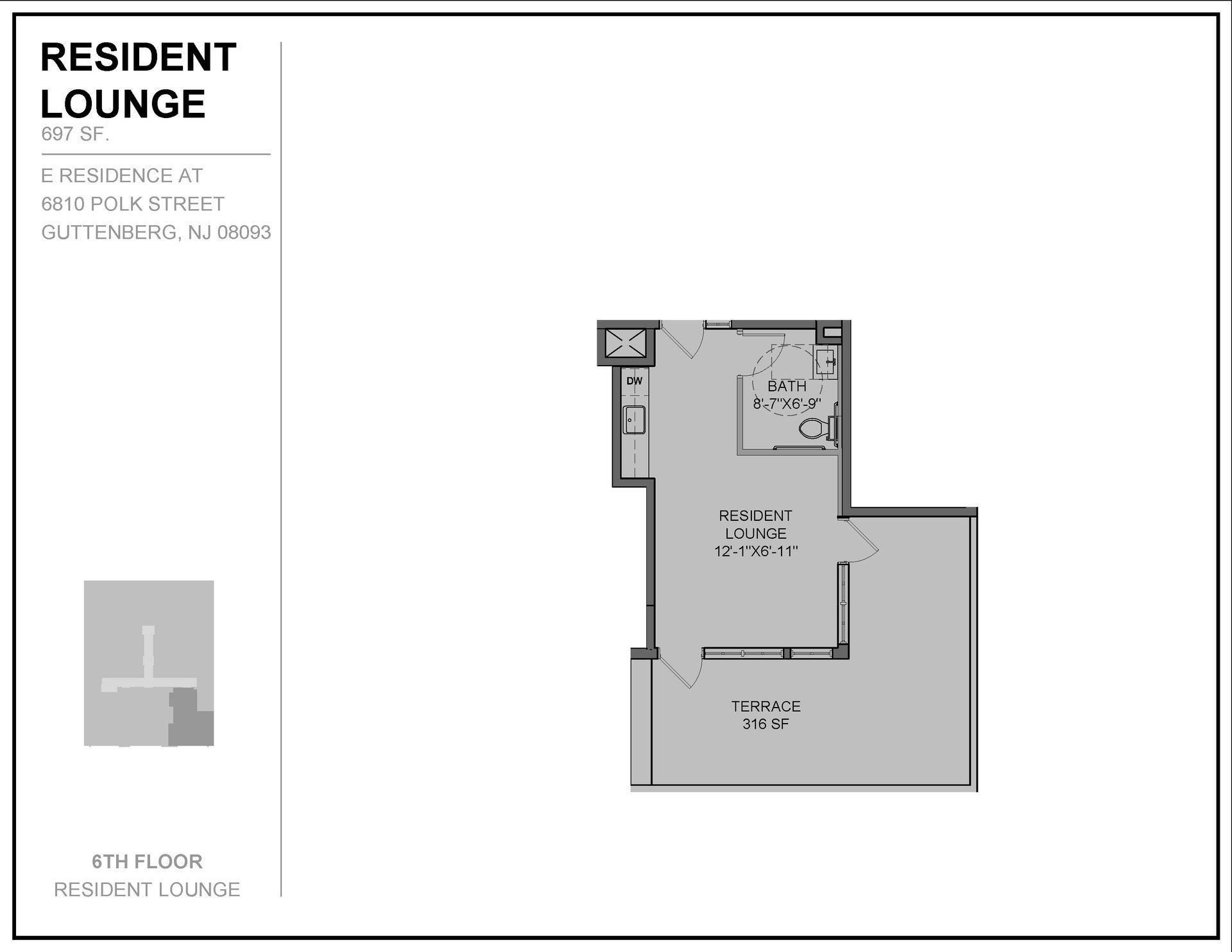 A black and white floor plan of a resident lounge