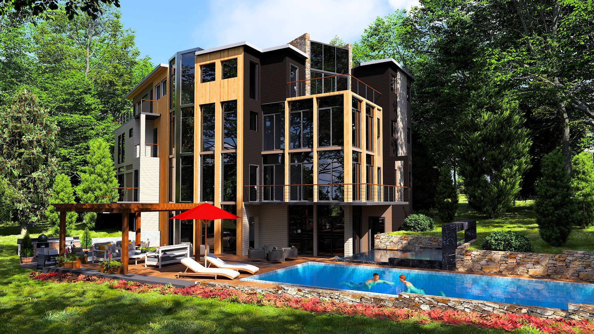 A large house with a swimming pool in front of it