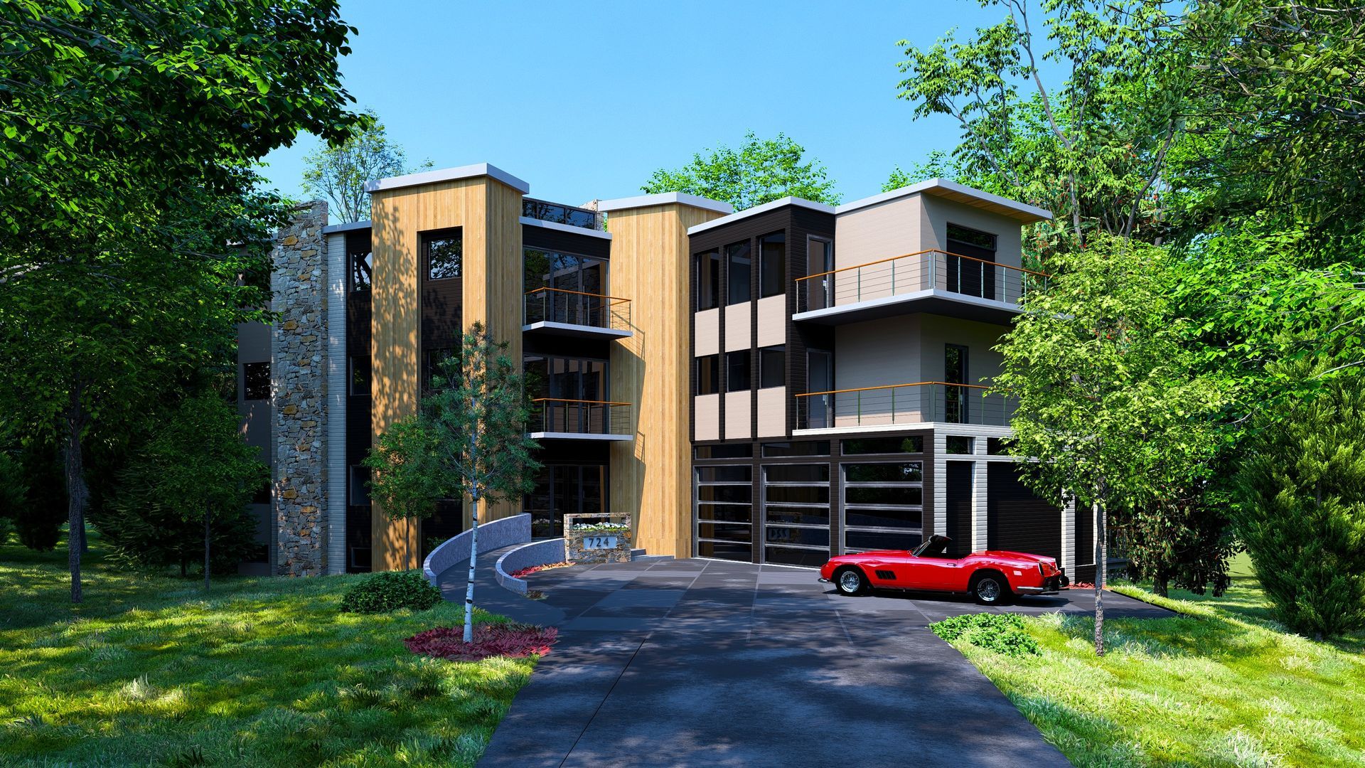 A red sports car is parked in front of a large house.