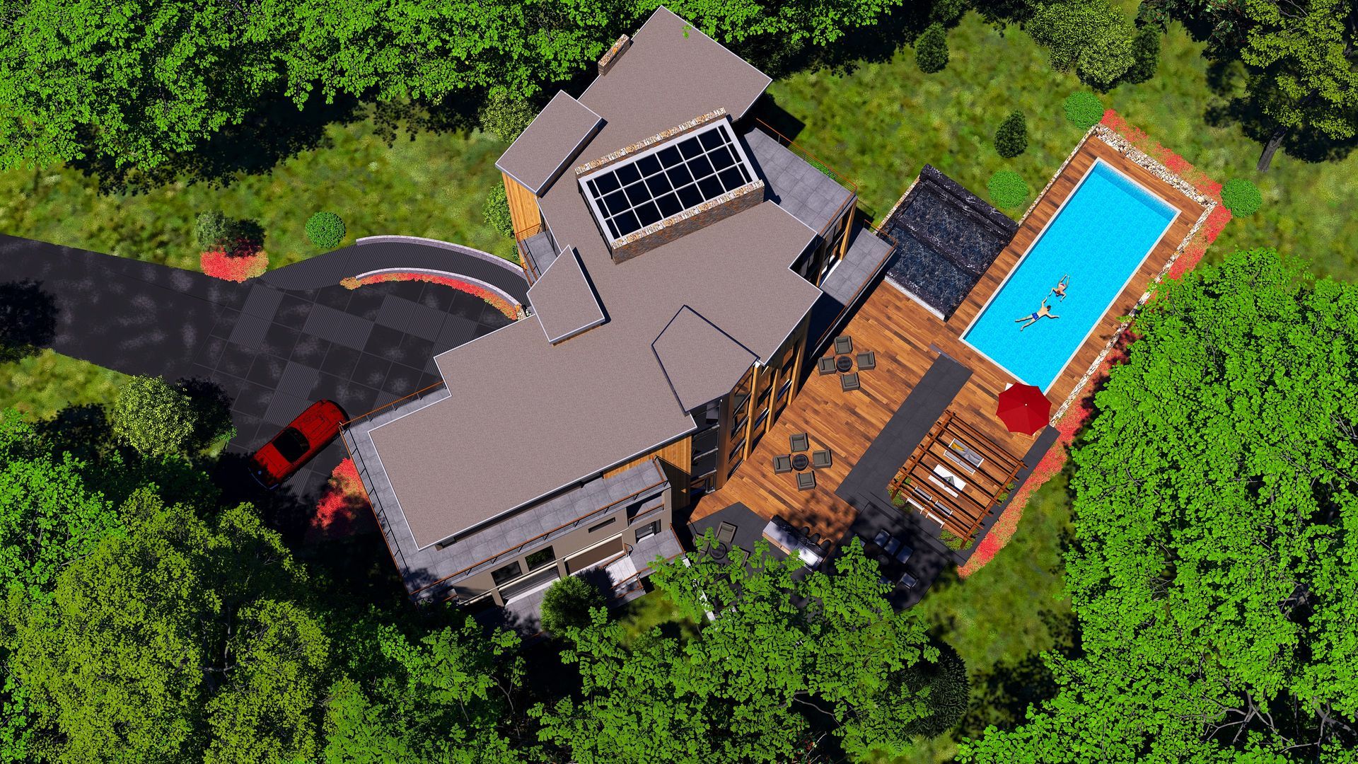 An aerial view of a house with a pool in the middle of a forest.