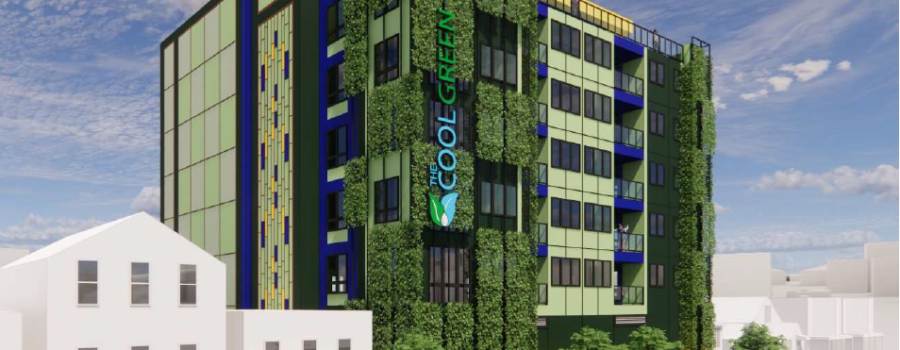 An artist 's impression of a building with a green wall.