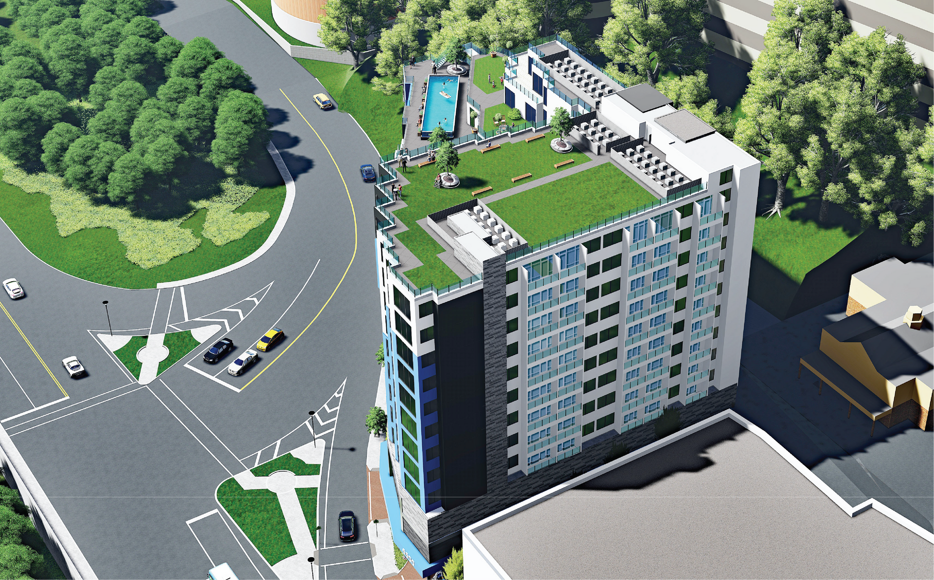 An aerial view of a building with a green roof