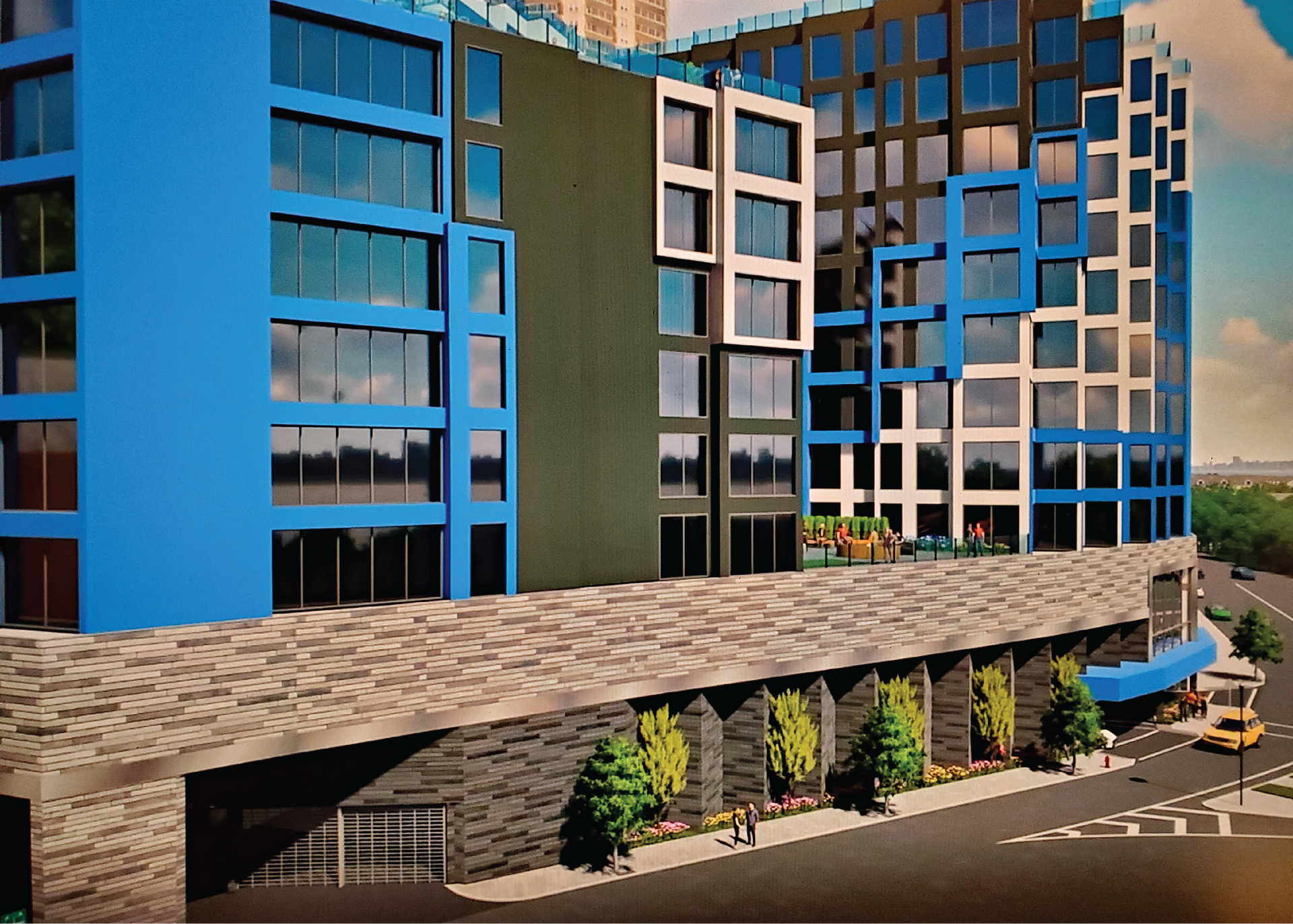 An artist 's impression of a blue and white building