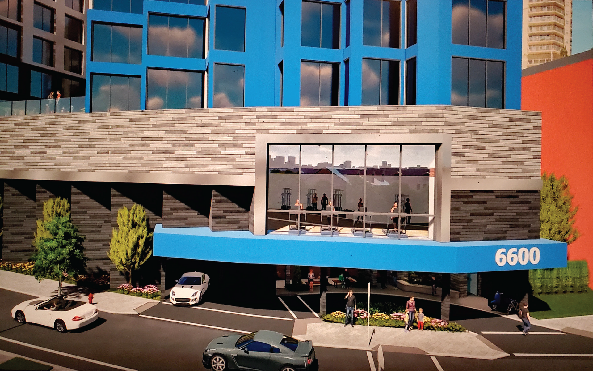 An aerial view of a building with the number 6600 on it