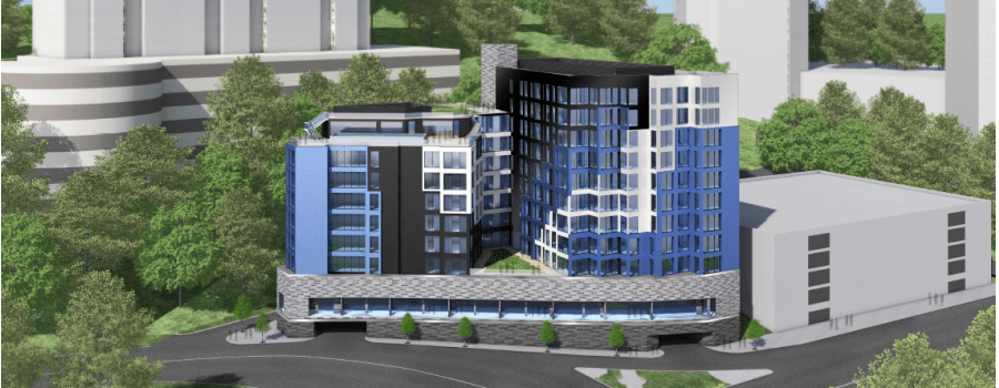 An artist 's impression of a large building surrounded by trees.