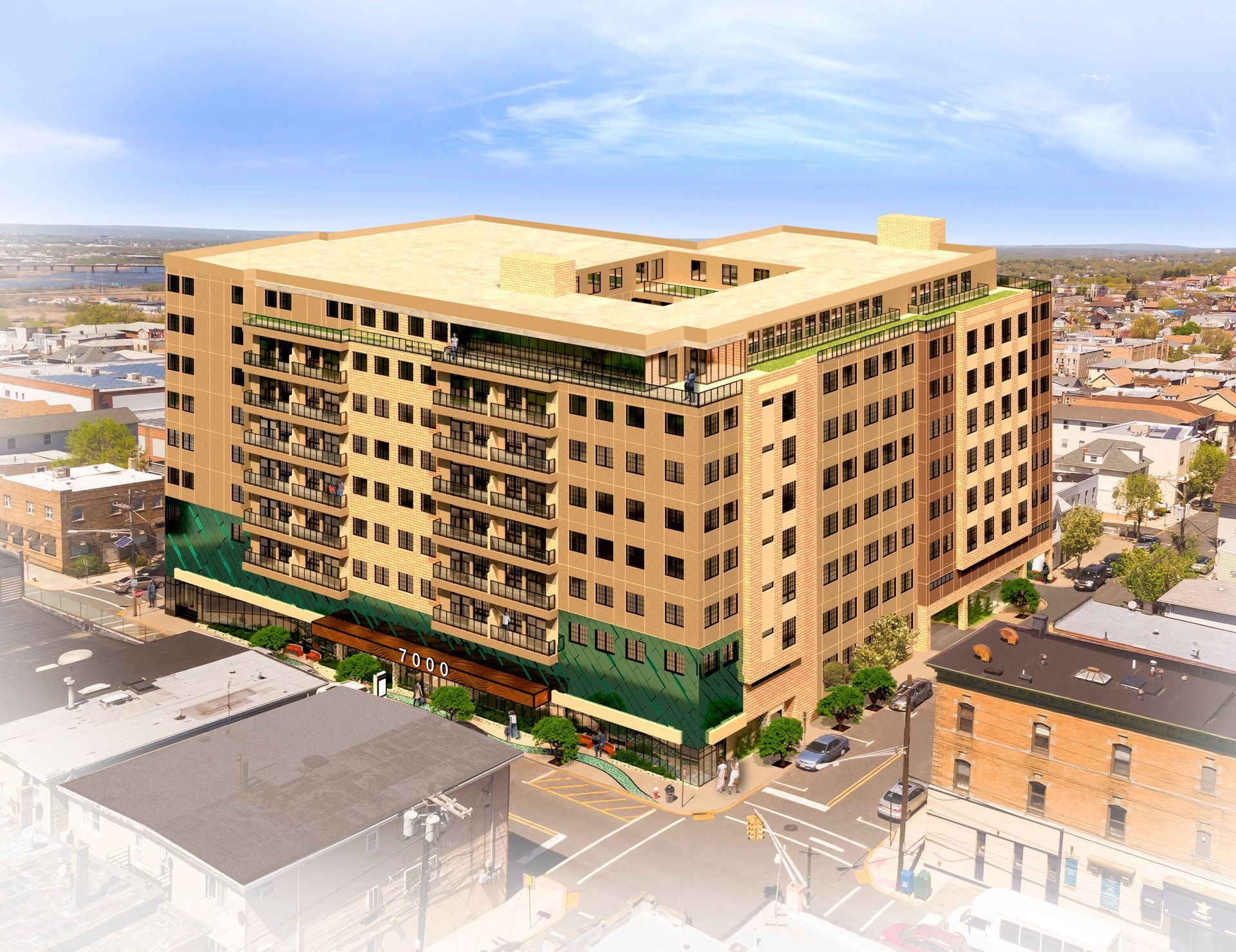 An aerial view of a large building in a city