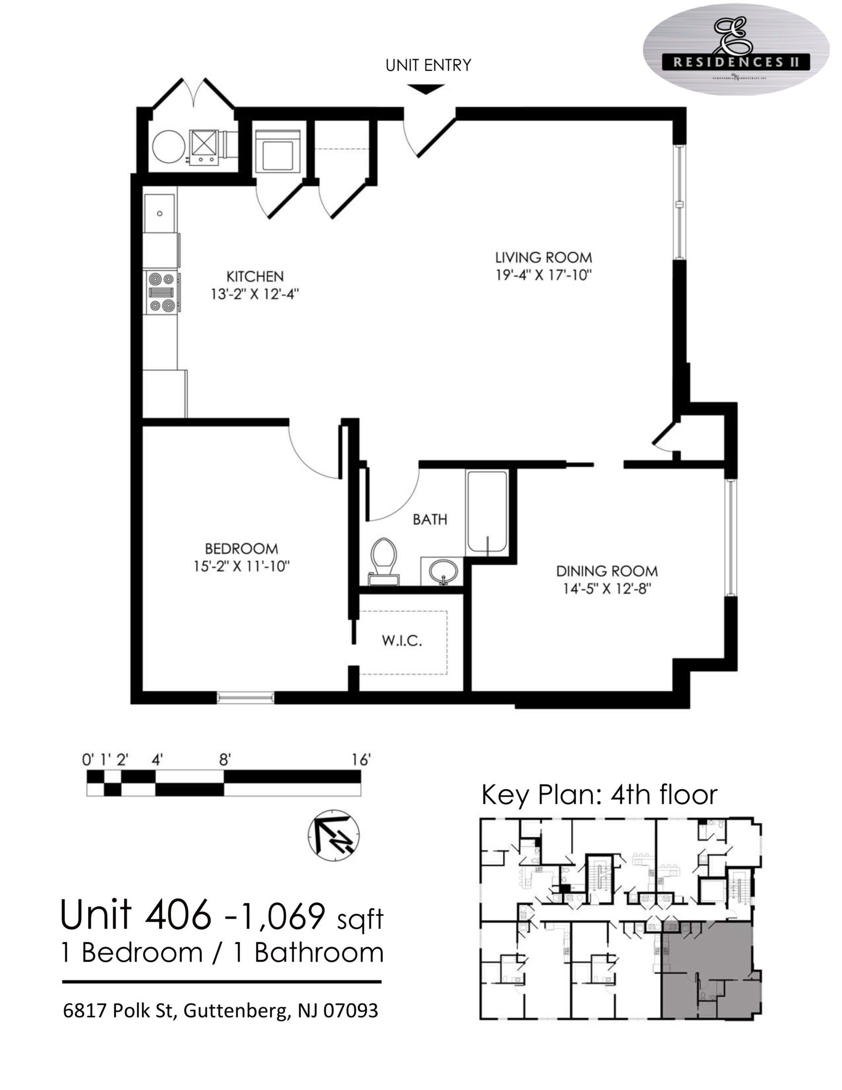 A black and white floor plan of a one bedroom apartment.