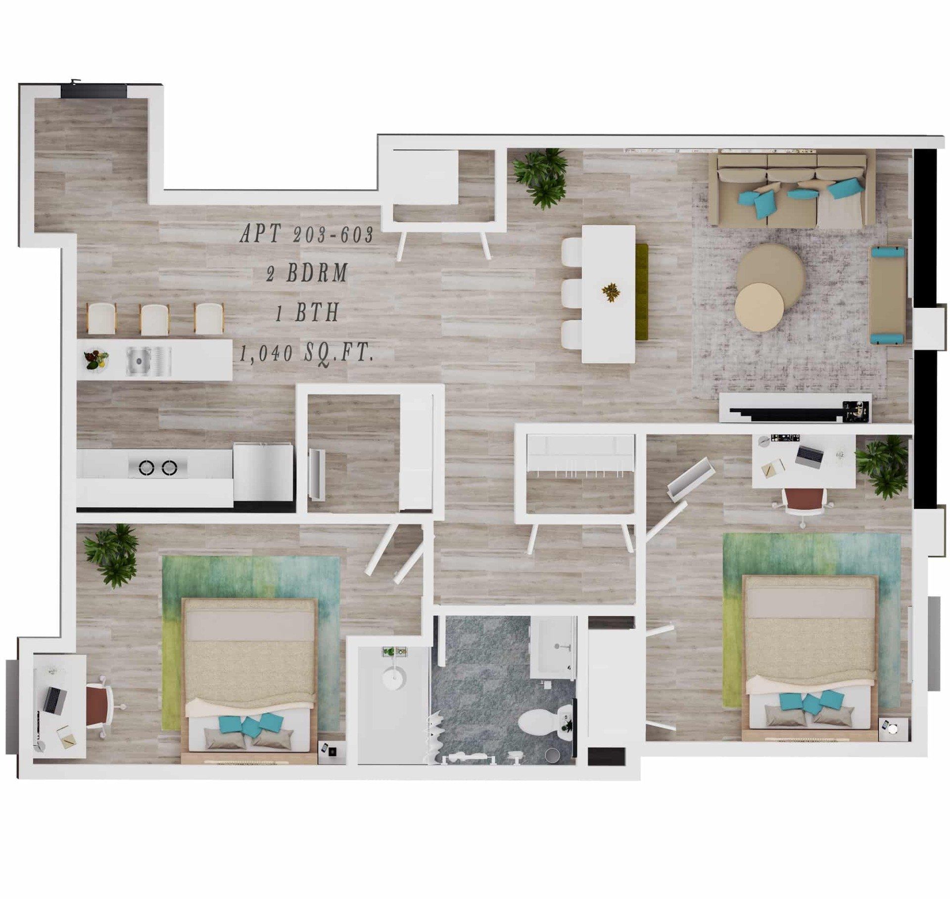 A floor plan of a house with two bedrooms and a bathroom.