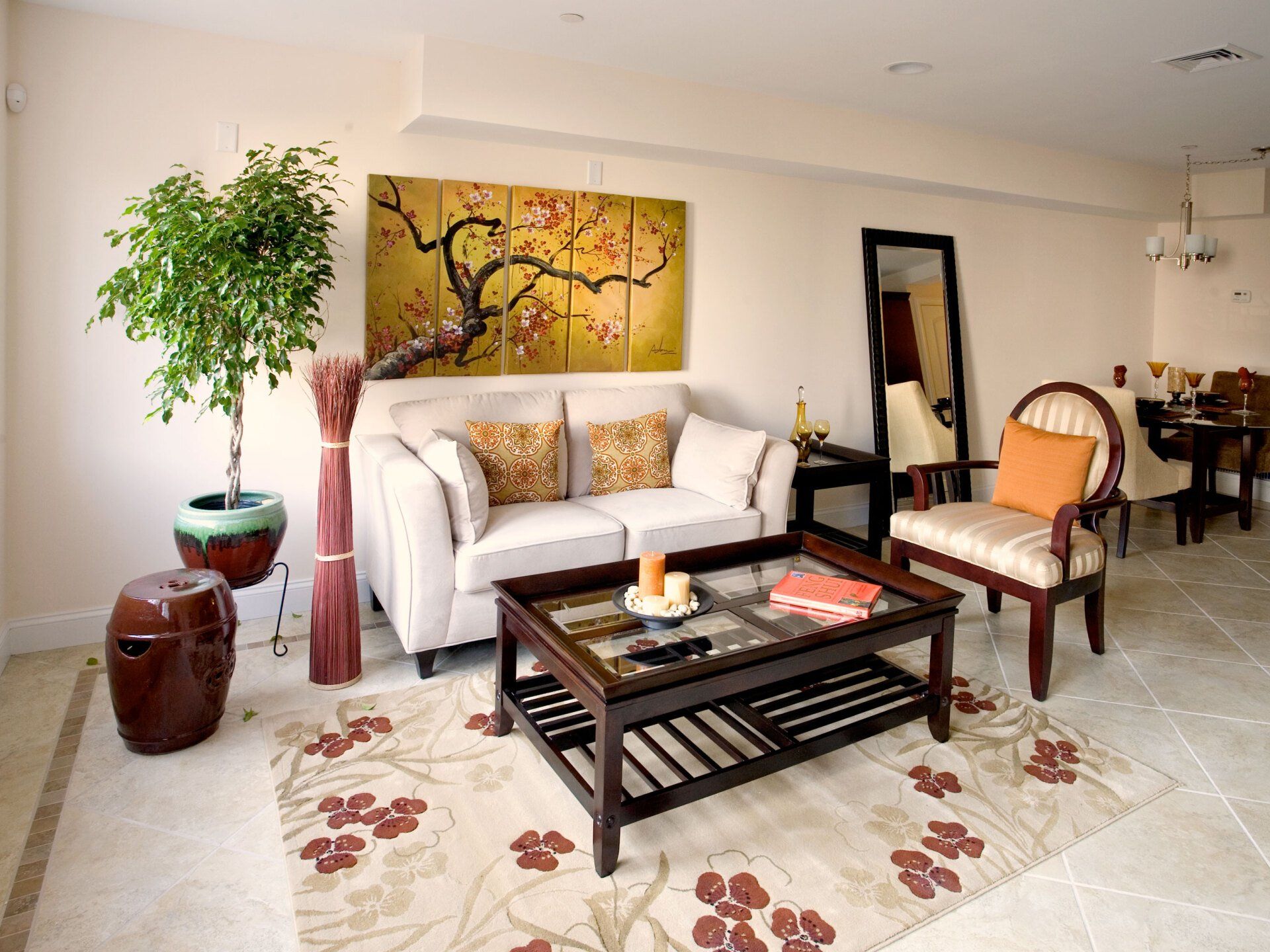 A living room with a couch and a coffee table