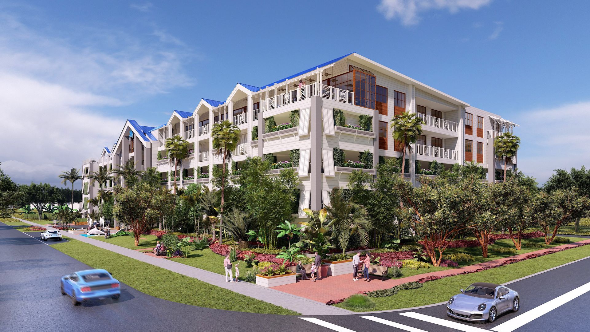 An artist 's impression of a large apartment building with cars driving by.