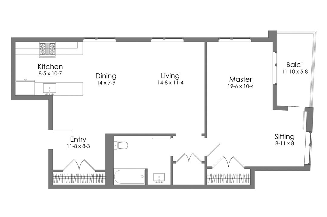 A black and white floor plan of a unit 1 apartment.
