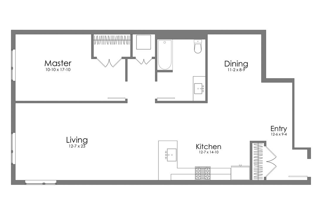 A black and white floor plan of a small apartment.