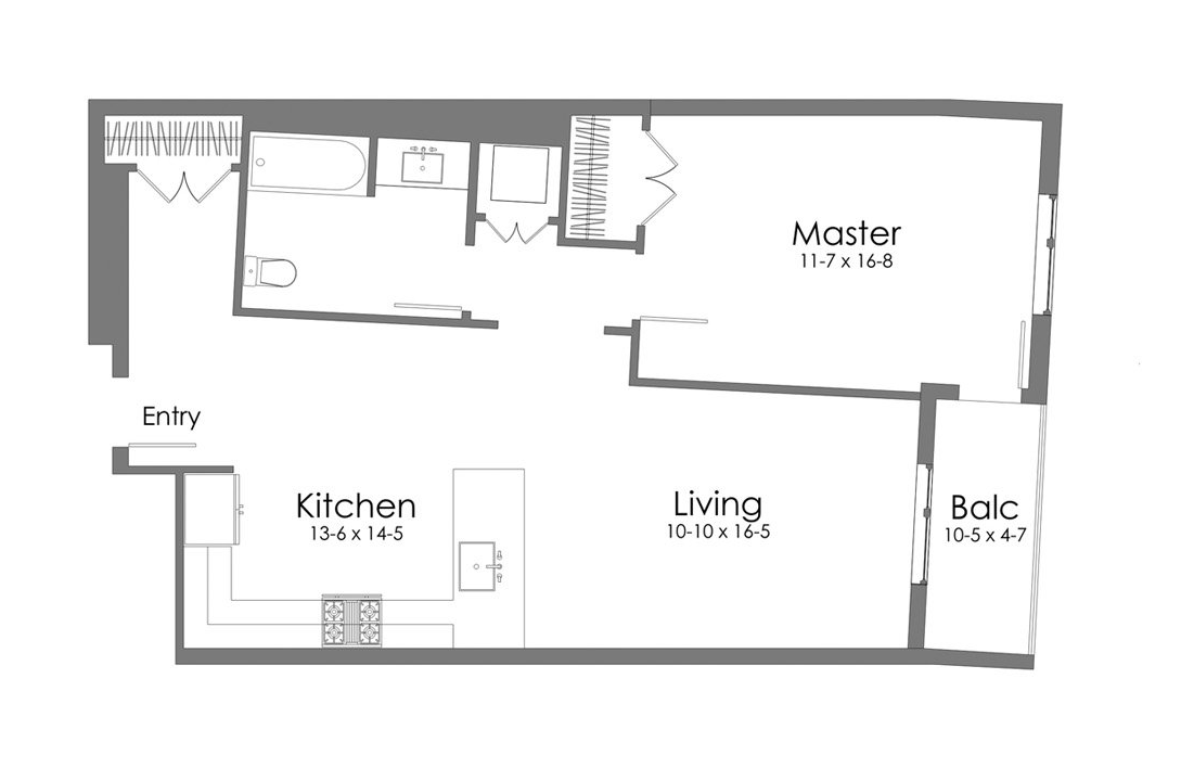 A black and white floor plan of a small apartment.