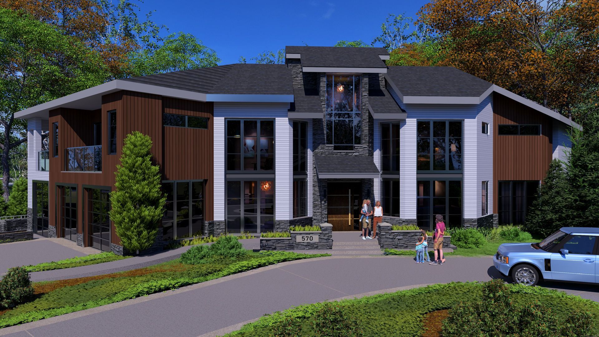 An artist 's impression of a large house with a car parked in front of it.