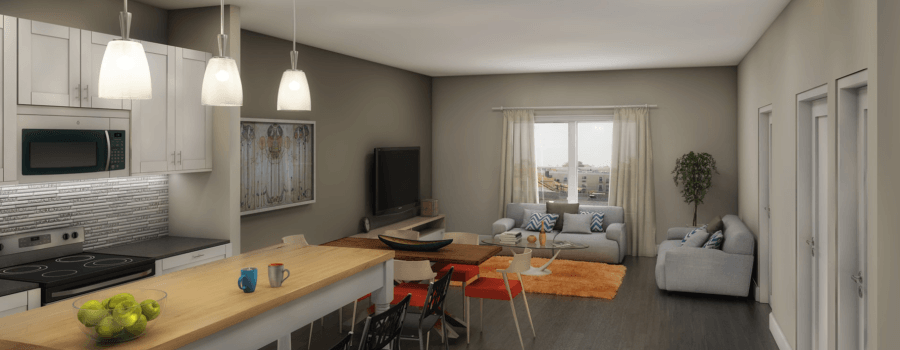 An artist 's impression of a living room and kitchen in a house.