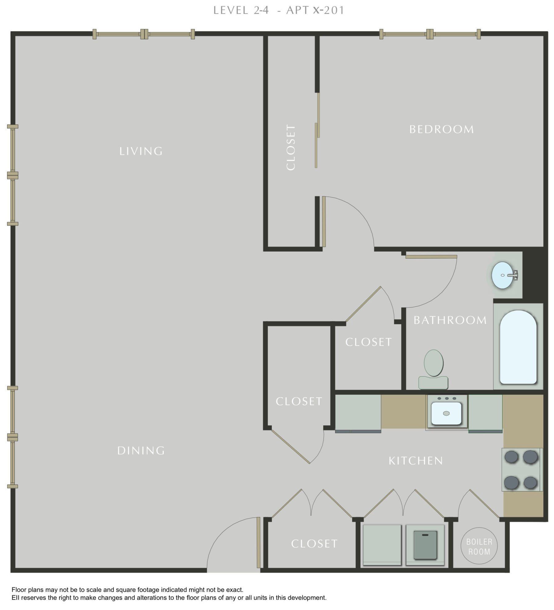 A floor plan of a small apartment with a kitchen , dining room , and bathroom.