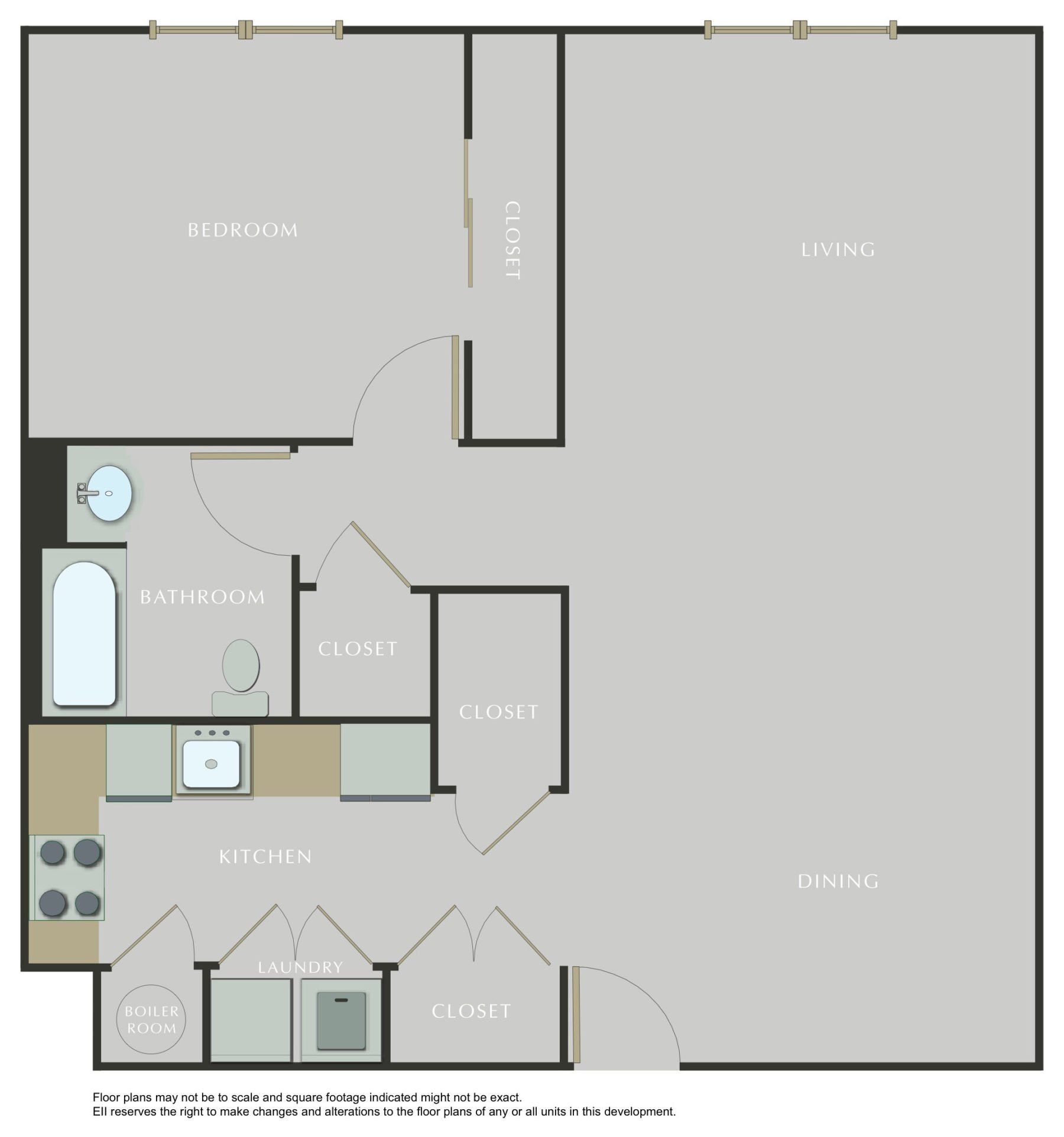 A floor plan of a single bedroom apartment with a bathroom and a balcony.