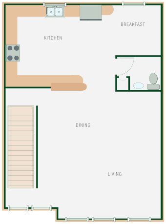 A floor plan of a house with a kitchen , dining room , and living room.