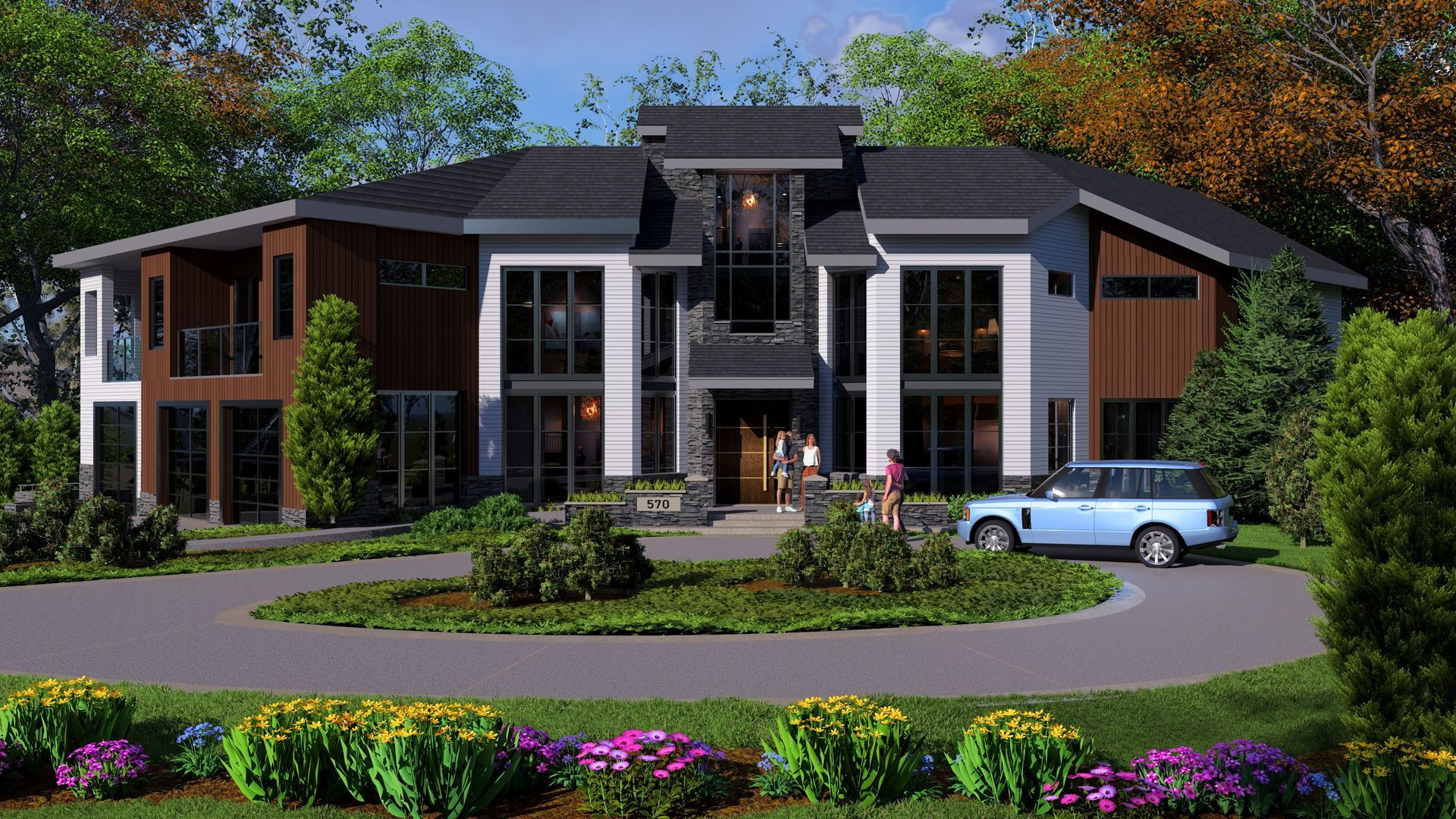 A large house with a blue car parked in front of it