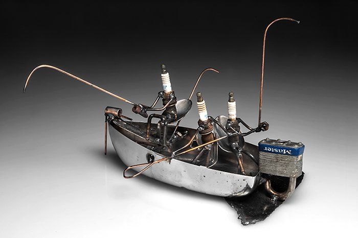 3 Fishermen in electric iron boat hull with Master lock outboard motor and trolling motor on front. Also can be sold as 1-3 fishermen or with dog added (1 person fishing and 1 person reading) $64