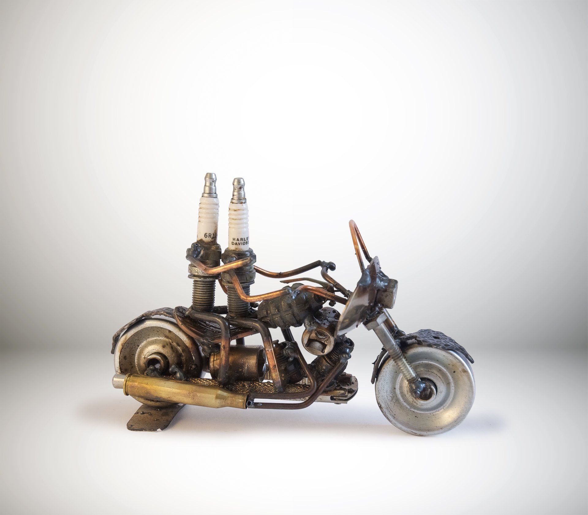 Sparkplug Sculpture of Harley Davidson  motorcycle with 2 Riders