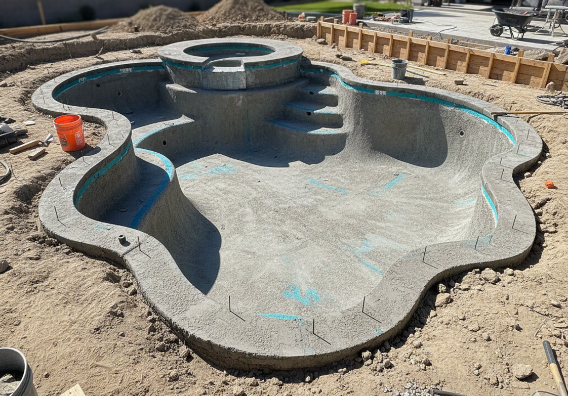 Concrete pool under construction, with steps, spa, and earth surrounding.