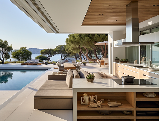Outdoor kitchen beside a pool, overlooking a seascape; pale wood, white stone, tan seating.
