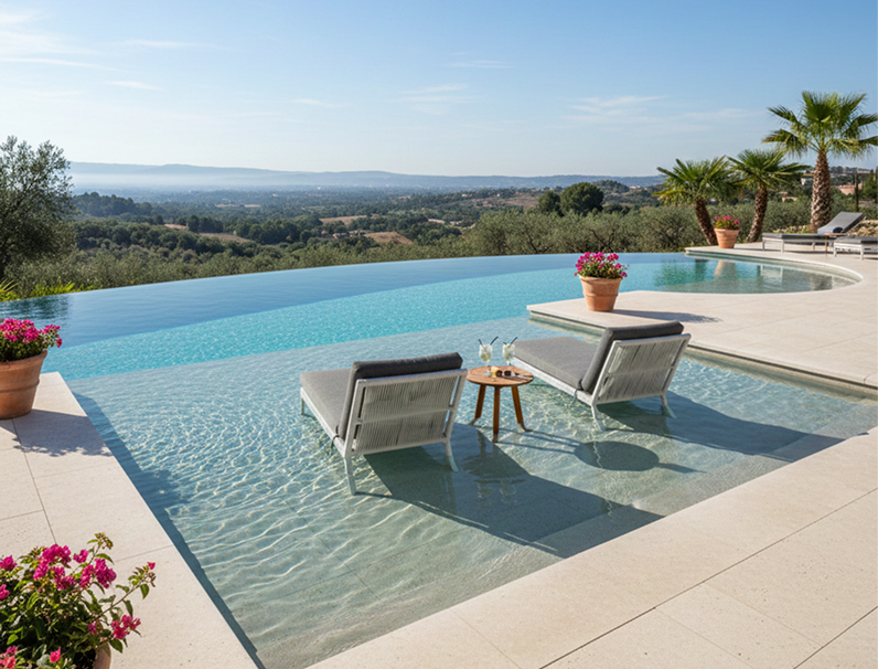 Infinity pool with two lounge chairs, overlooking a scenic landscape under a sunny sky.
