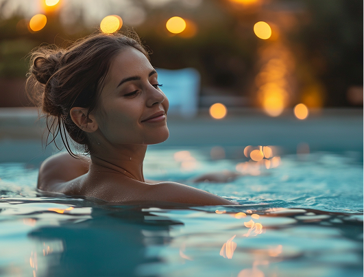 Woman relaxing in a pool at night, eyes closed, with soft bokeh lights in the background.