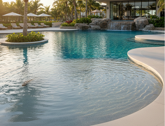 Luxurious outdoor pool with a waterfall, palm trees, and clear blue water.