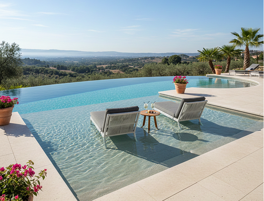 Infinity pool with chaise lounges, a small table, and a scenic landscape view.