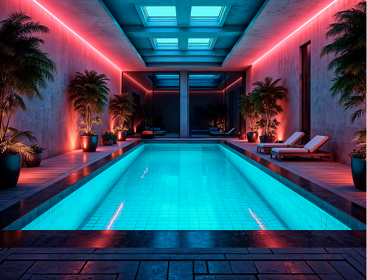 Indoor swimming pool with red and blue neon lighting, palm trees, and lounge chairs.