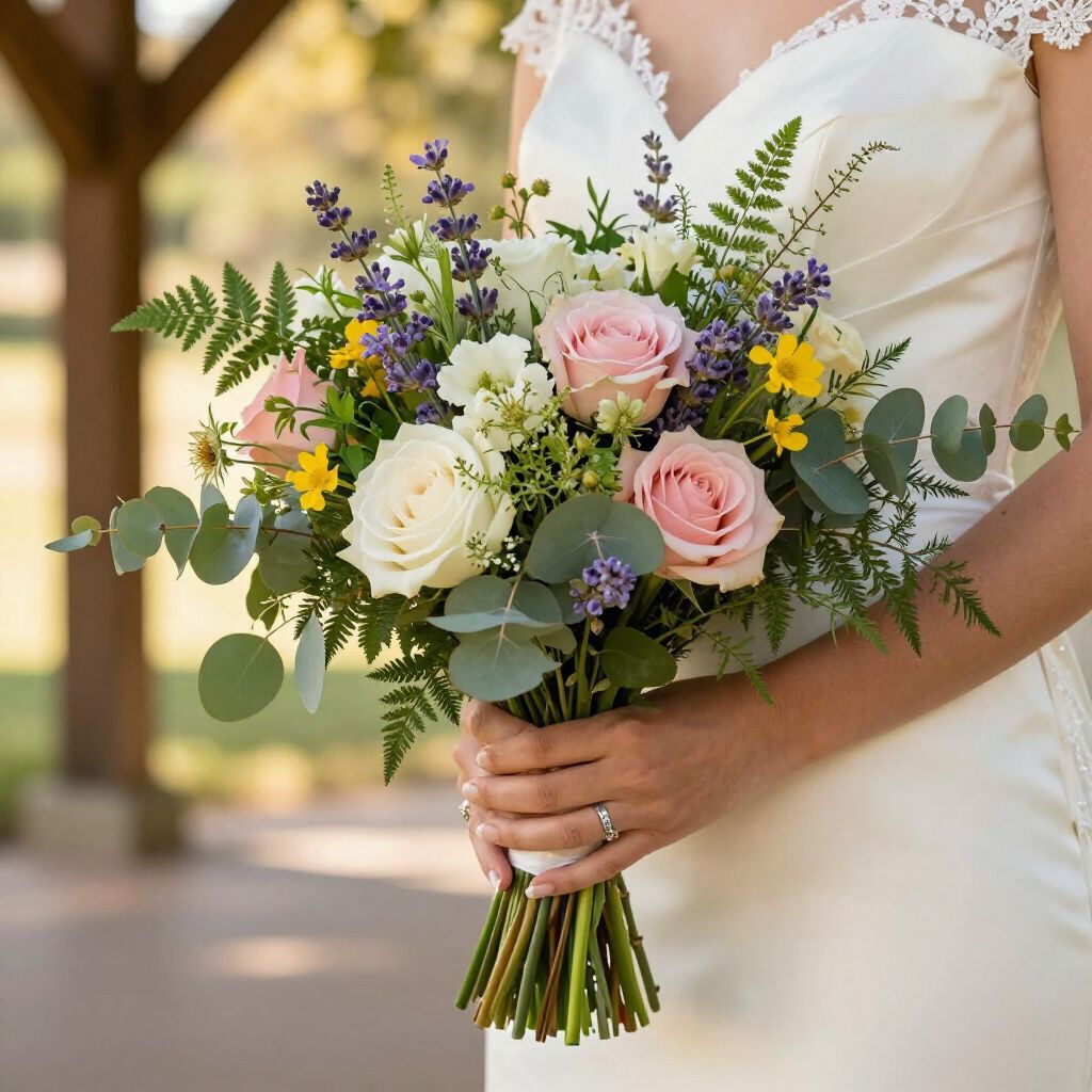 Bride holding a bouquet of roses, lavender, and greenery, wearing a white wedding dress.