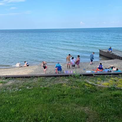 People at a beach, lounging and near the water on a sunny day. Green grass in foreground, pier on the right.