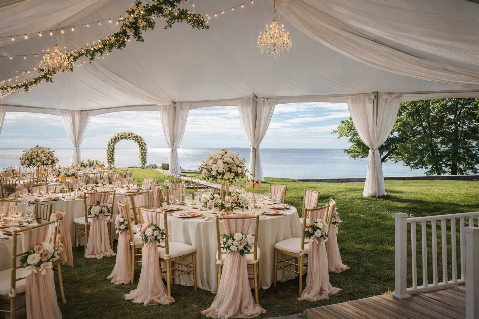 Wedding reception tent overlooking a lake. Tables set with flowers, chairs draped, and string lights.