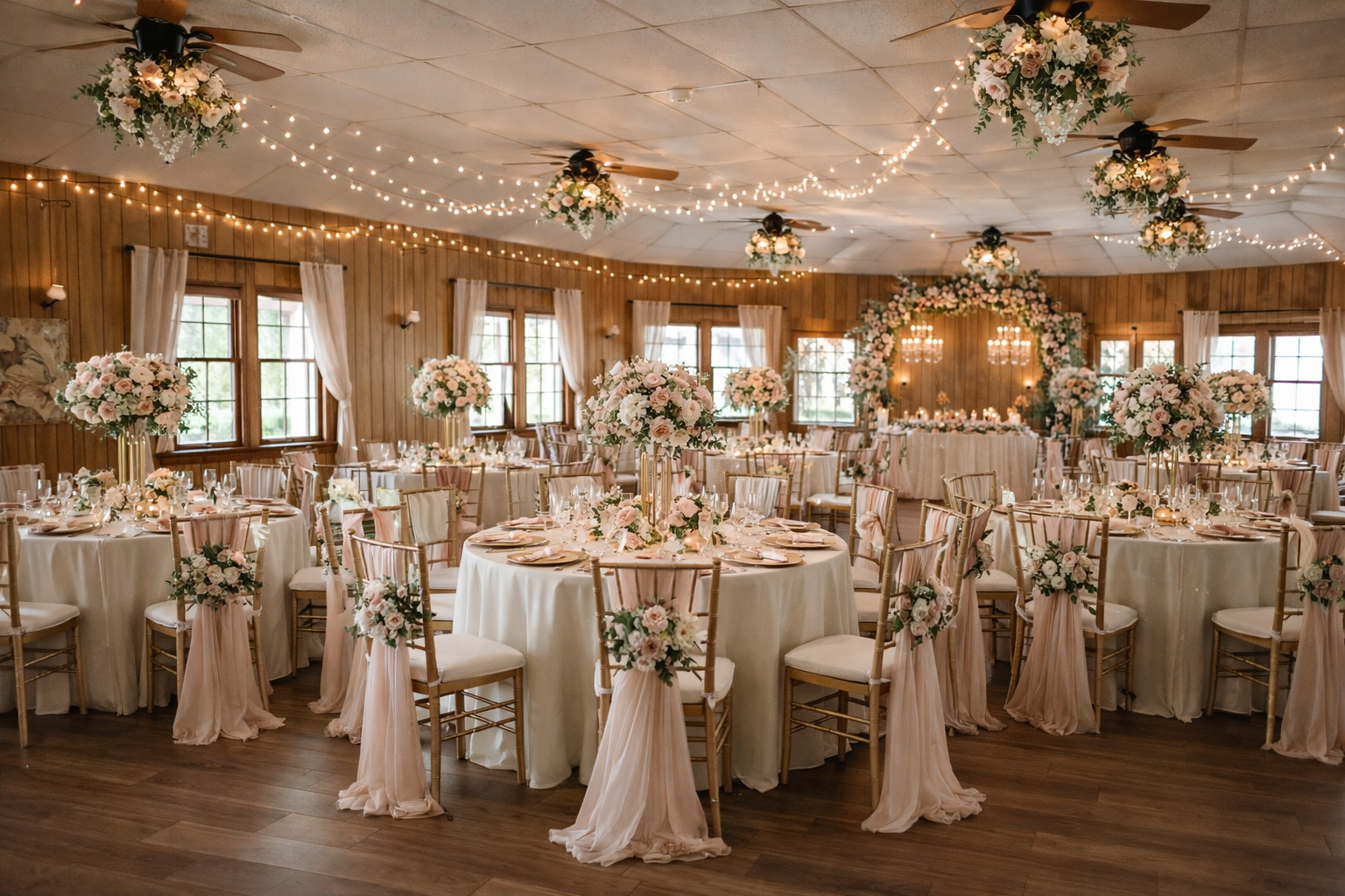 Elegant wedding reception, round tables set with floral centerpieces, draped chairs, warm lighting.