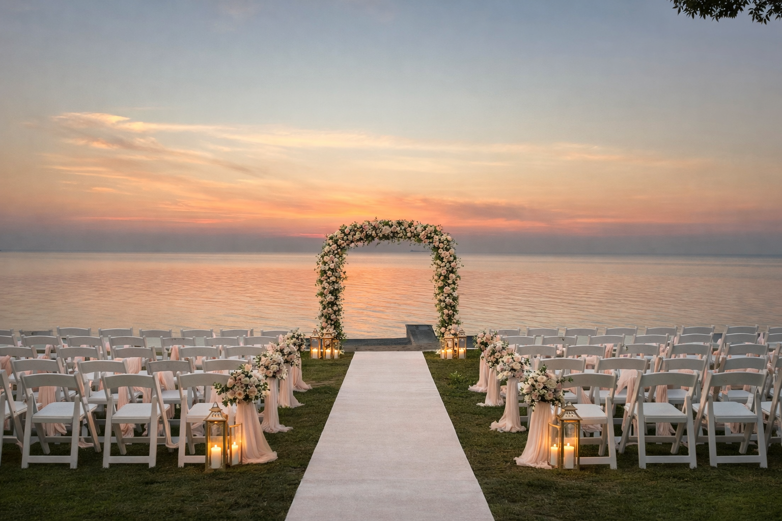 Wedding ceremony setup on a grassy waterfront. White chairs face a floral arch and ocean backdrop at sunset.